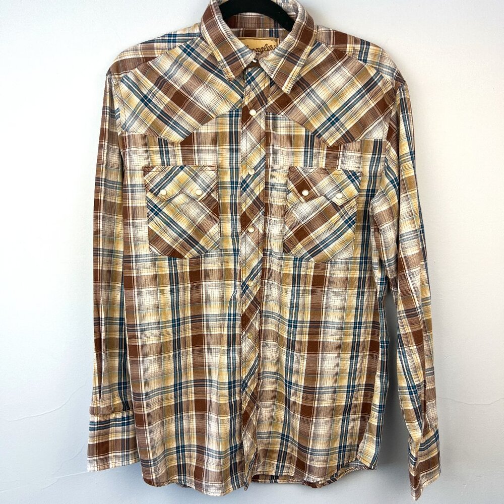 Wrangler Western Fashion Snap Shirt Size M Brown Plaid Cowboy Rodeo‎